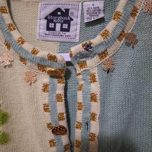Vintage Storybook Knits Cardigan Sweater HSN St. Patrick's Clover Green Sz S - Picture 7 of 13